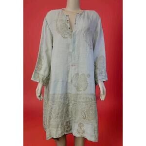 Magnolia Pearl, Linen Green Print Distressed Patchwork Midi Dress One Size  #002